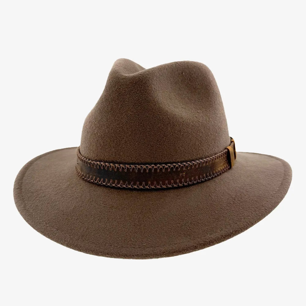 Hats & Caps template hero — tobacco felt fedora with leather band