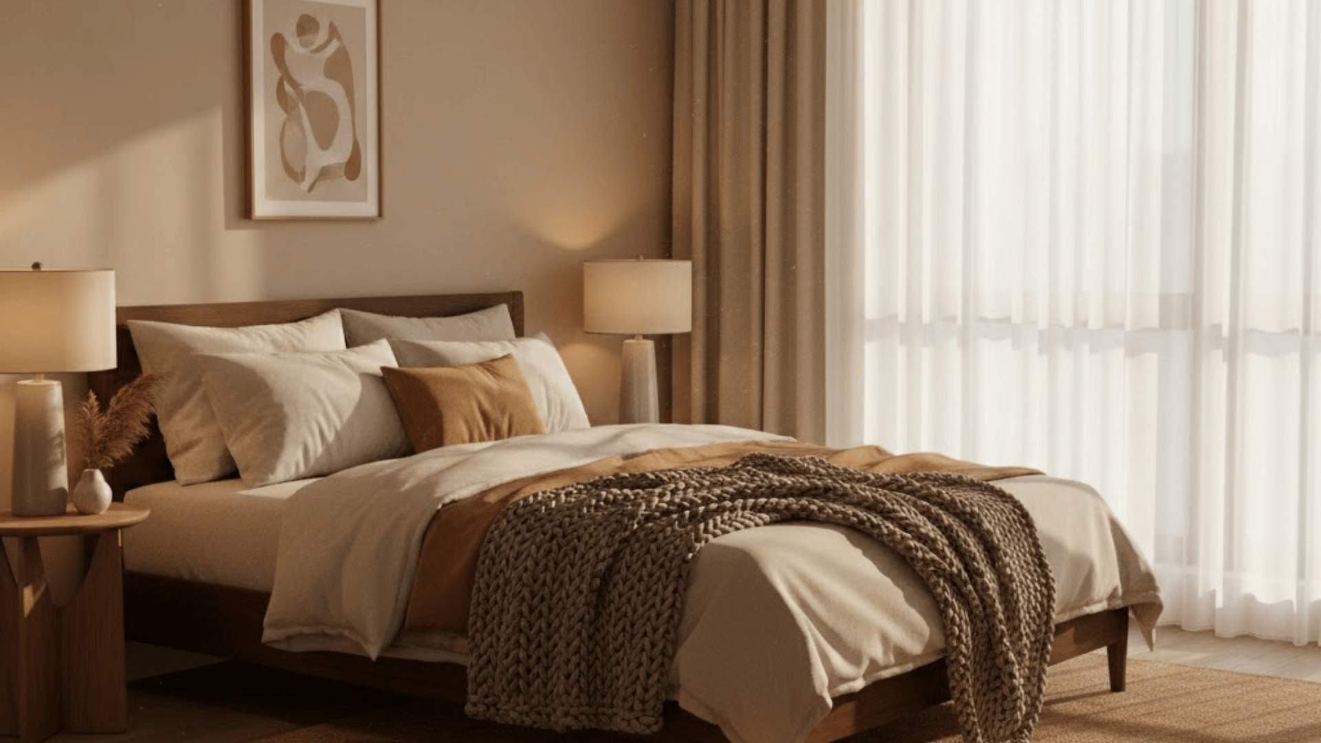 Home & Garden template hero — cozy bedroom with knit blanket