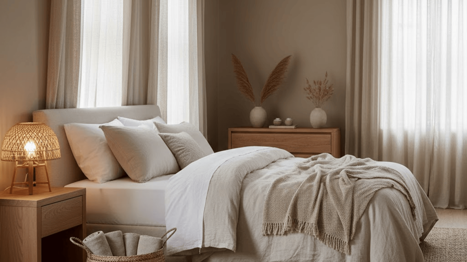 Bedroom with woven lamp