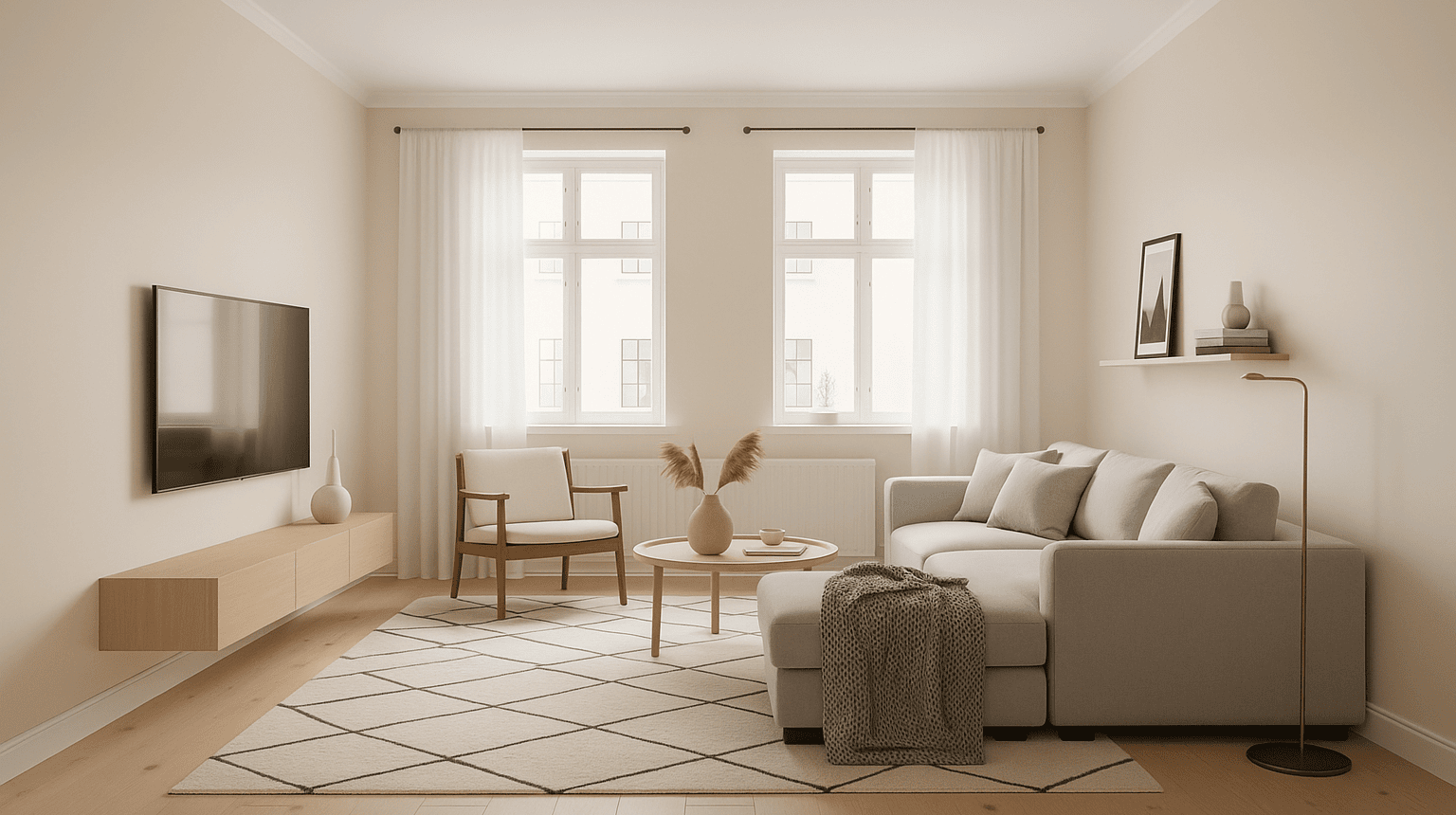 Living room with woven storage