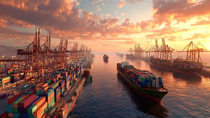 Aerial view of a container port at sunset