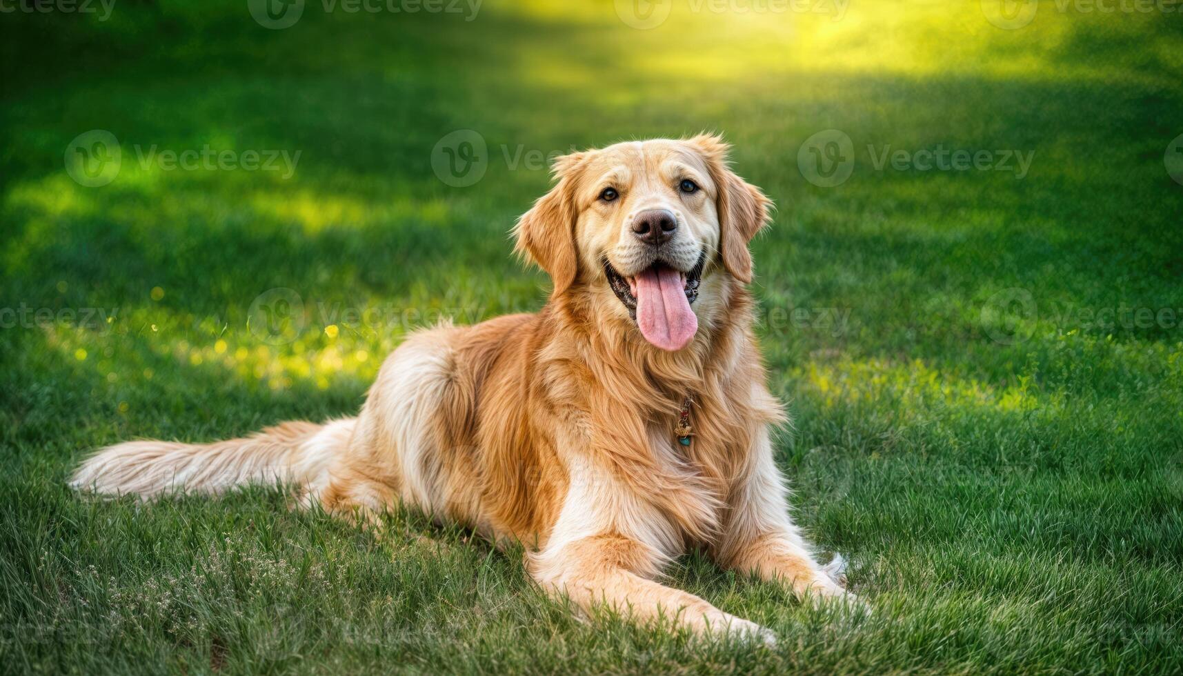 Golden retriever sitting on green grass