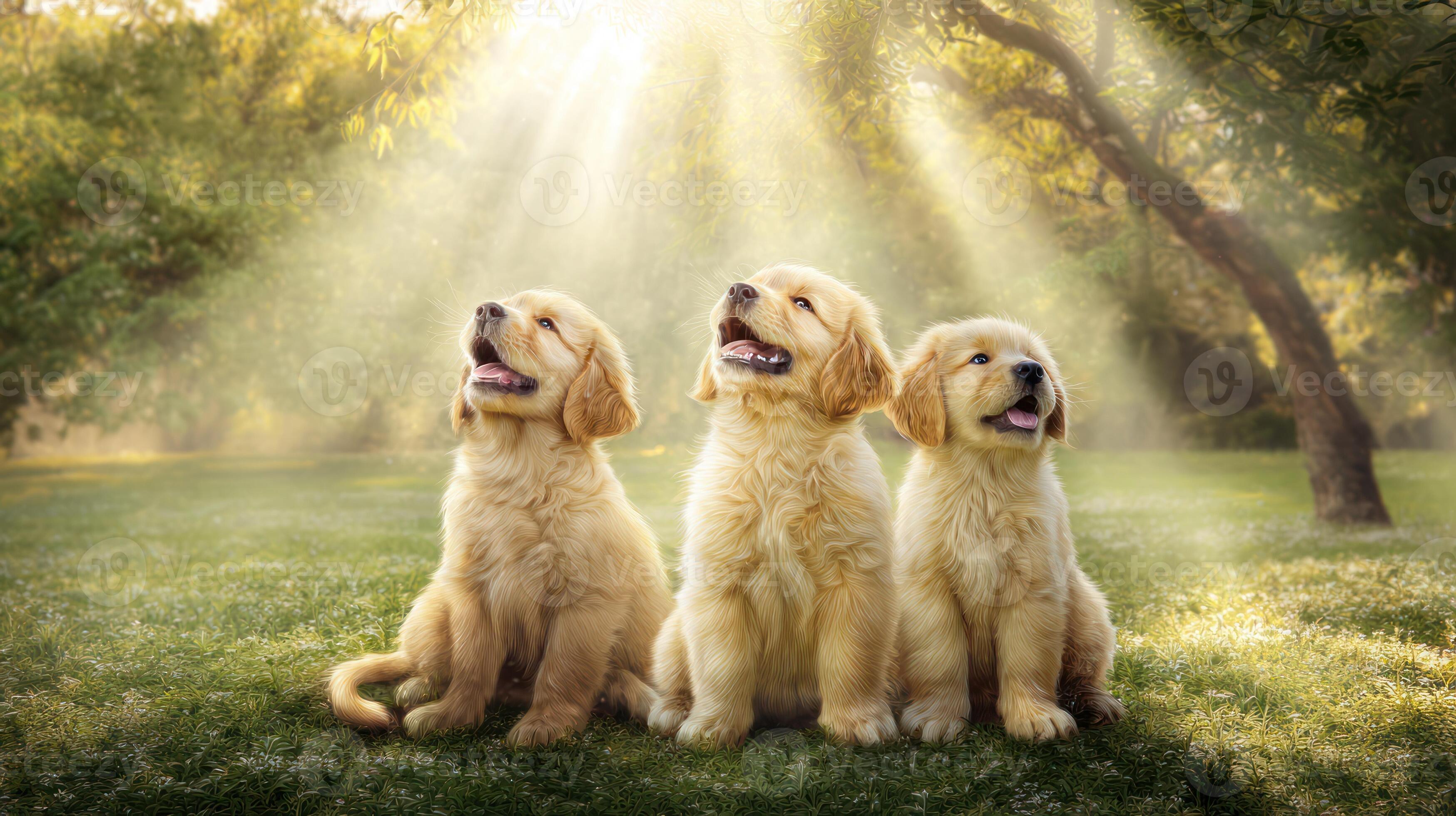 Pet Supplies template hero — three golden retriever puppies